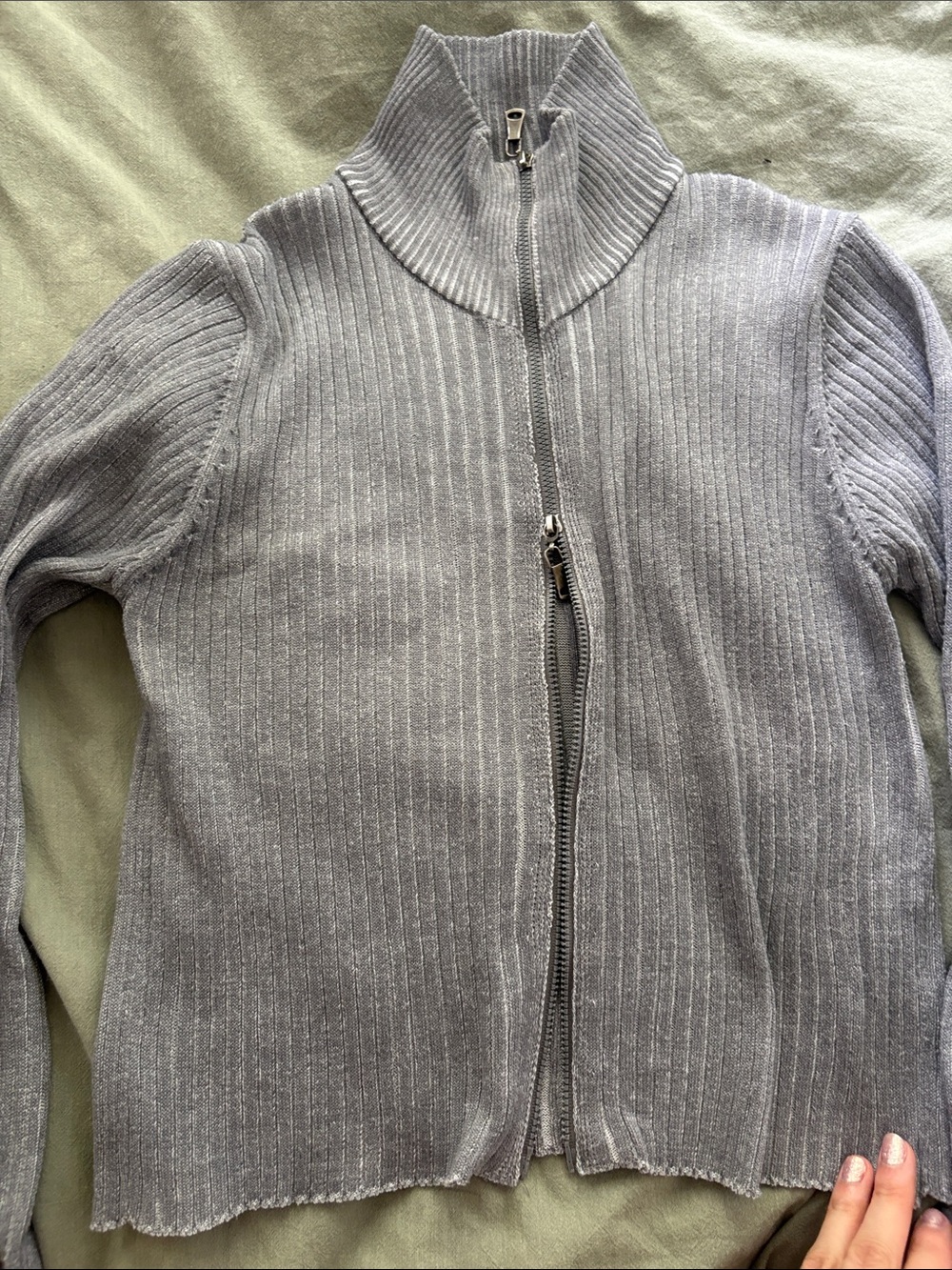 Motel Rocks Double Zip-Up Ribbed Cardigan in Light Gray - Picture 3 of 3